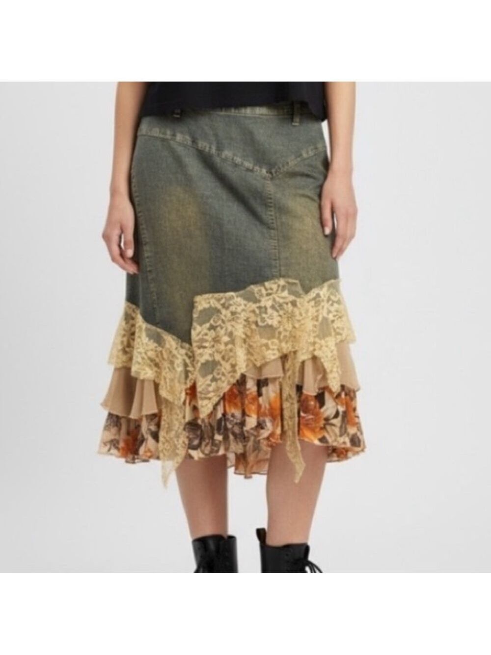 Y2K Hits Jeans Fairycore Boho MIDI Skirt Floral Ruffles Lace Sequins Beads XL